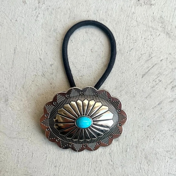 Southwestern Silver Styles Accessories - Southwest Silver Pumpkin Concho Flower Turquoise Blue Elastic Band Hair Tie